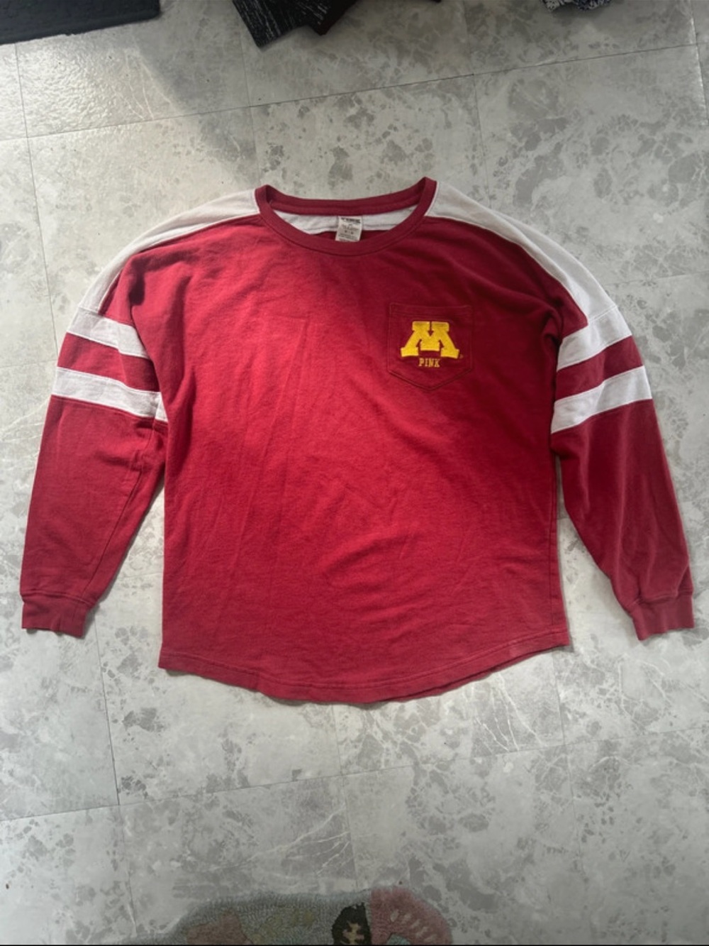 PINK Victoria's Secret Maroon Long-Sleeve Raglan with White Stripes